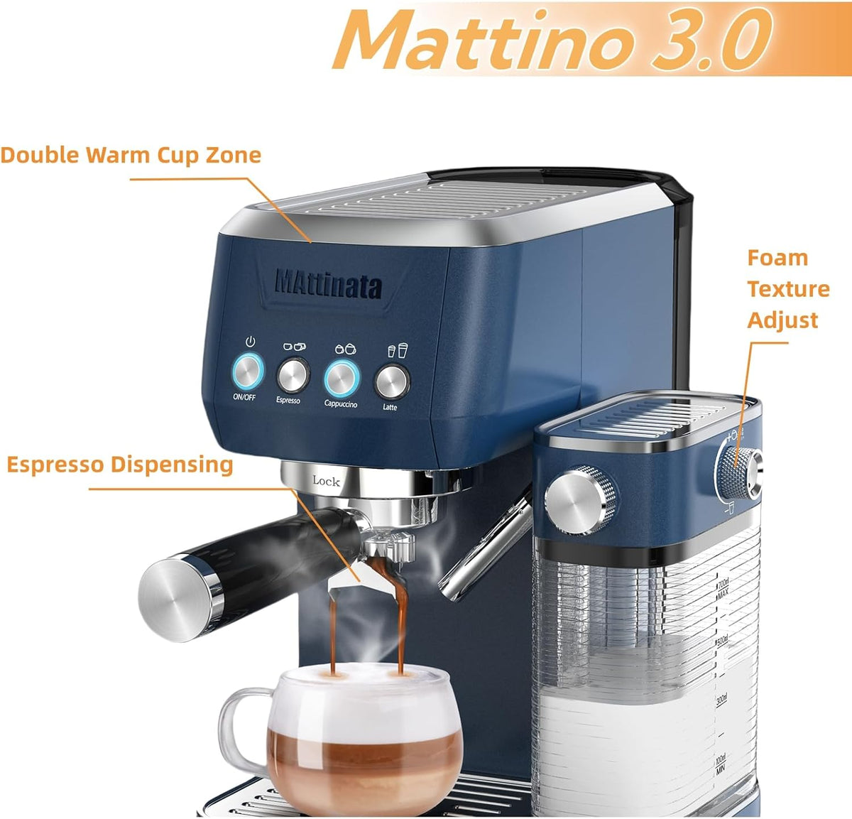 Cappuccino Machine 20 Bar, Professional Espresso Machines for Home and Office with Automatic Milk Frothering System, Barista Compact Latte Maker for Coffee Lovers, Stainless Steel-Blue
