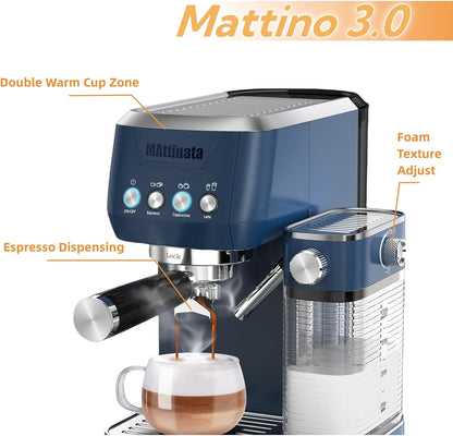 Cappuccino Machine 20 Bar, Professional Espresso Machines for Home and Office with Automatic Milk Frothering System, Barista Compact Latte Maker for Coffee Lovers, Stainless Steel-Blue
