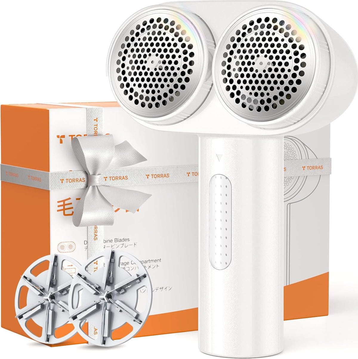 TORRAS Dual-Head Fabric Shaver, Longest Durability & 50ml Large Capacity Rechargeable Lint Removers to Remove Pills, 6-Leaf Blades Defuzzer, Electric Shaver for Clothes Couch Furniture, Pearl White