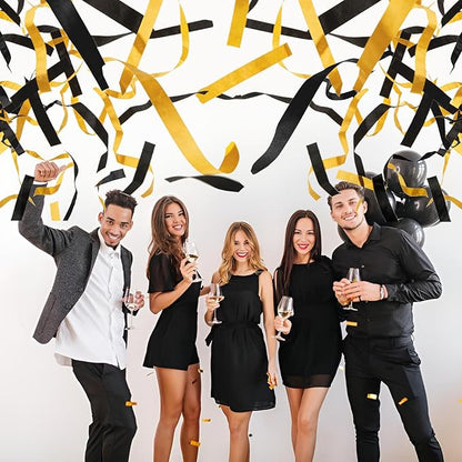 12" Black and Gold Streamers for Birthday Graduation Wedding New Year Celebrations - Easy to Use, Biodegradable Confetti - Pack of 4