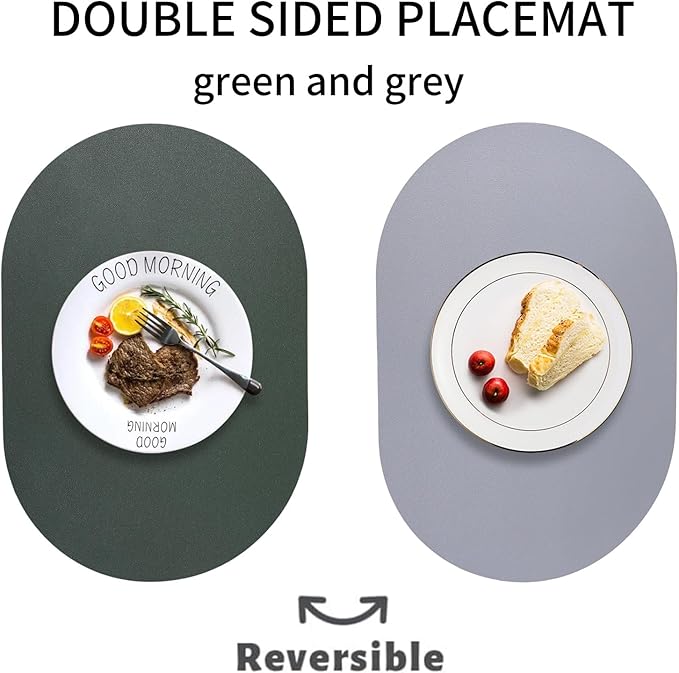 Faux Leather Placemats Set of 6 Oval Reversible Placemat Waterproof Green and Grey PU Table Mats Heat Resistant Anti Slip Wipeable Place Mat for Indoor and Outdoor Dining Table