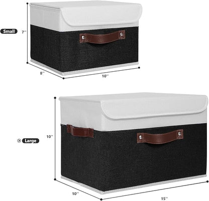 ANMINY 2PCS Storage Boxes with Lid Washable Decorative Storage Bins Basket with PU Leather Handle Foldable Linen Fabric Storage Cubes Containers for Home Closet Organizer - Black White, Large Size