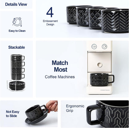 Sureasy Ceramic Espresso Cups Set of 4 – 4 oz Black Stackable Cappuccino Cups with Saucers and Metal Stand, Embossed Mugs for Latte, Mocha, Tea