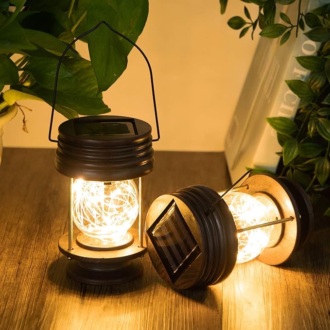 pearlstar Solar Lanterns Outdoor Hanging Solar Lights, 2PK Table Lamps with Retro Design, Garden Lantern Vintage Design for Landscape Yard Table Pathway Beach Decoration