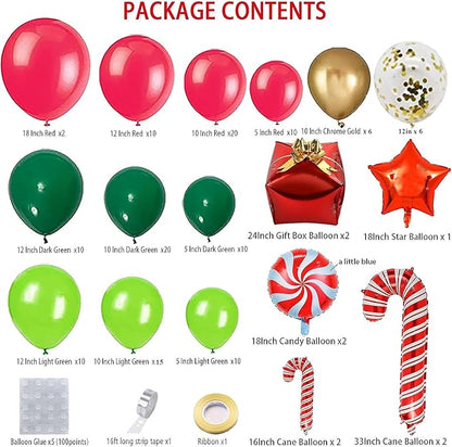 DBKL 138 Pcs Christmas Balloons Garland Arch Kit with Xmas Red Gold Green Balloons Candy Cane Gift Box Foil Balloons for Christmas Party Decorations Birthday Xmas Party Supplies