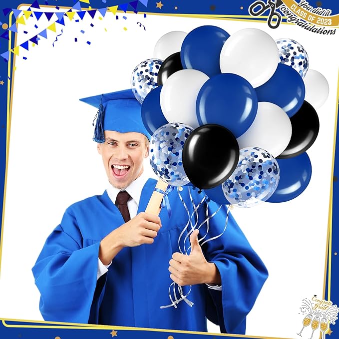 Sratte 60 Pcs 12 Inch Black Blue White Balloons Kit Graduation Decorations Back to School Confetti Latex Metallic Balloons with 2 Rolls Ribbon Party Favor for Memorial Day Birthdays