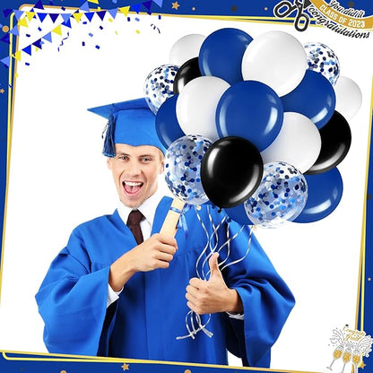 Sratte 60 Pcs 12 Inch Black Blue White Balloons Kit Graduation Decorations Back to School Confetti Latex Metallic Balloons with 2 Rolls Ribbon Party Favor for Memorial Day Birthdays