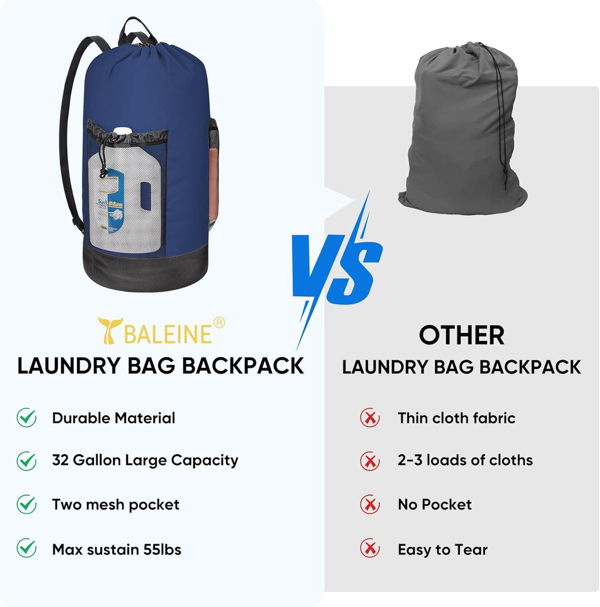 BALEINE 120L Laundry Bag Backpack, 900D Oxford Fabric Large Travel Laundry Bags with Shoulder Straps and 2 Mesh Pockets for College Dorm, Apartment, Laundromat (Navy, 120L)