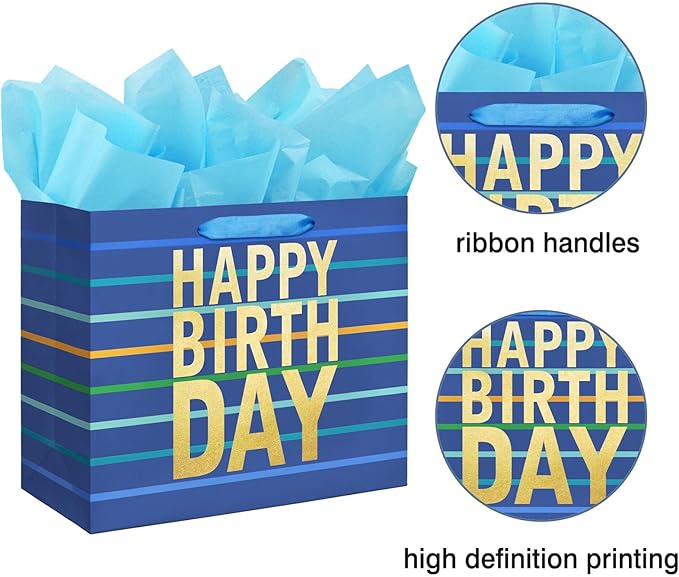 13" Large Blue Gift Bag with Tissue Paper, Card and Handles for Men's Birthday, Kids' or Baby Boy (Stripe) (Large Blue)