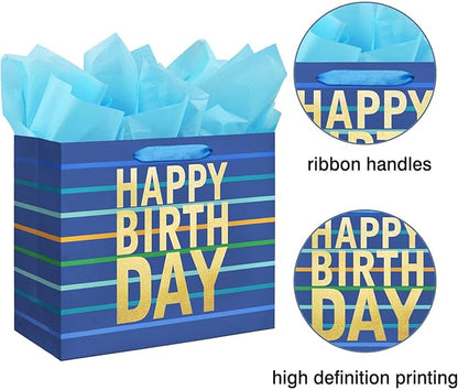 13" Large Blue Gift Bag with Tissue Paper, Card and Handles for Men's Birthday, Kids' or Baby Boy (Stripe) (Large Blue)
