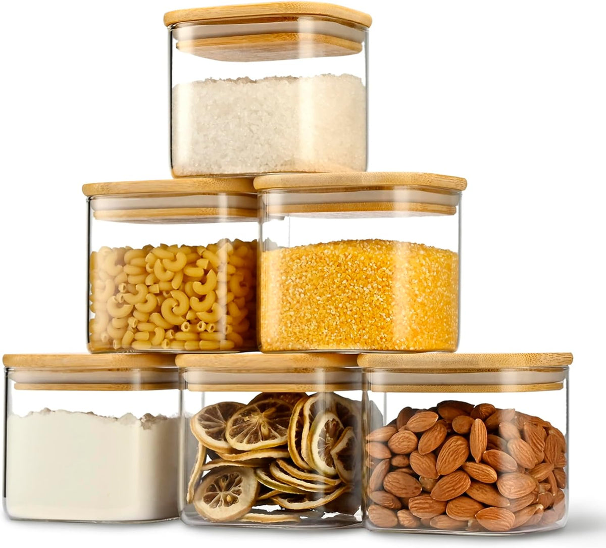 22oz Airtight Square Spice Containers with Bamboo Lid Set of 6 (650ml) Kitchen Pantry Organization Jar Stackable Spice Jar, for Sugar, Tea