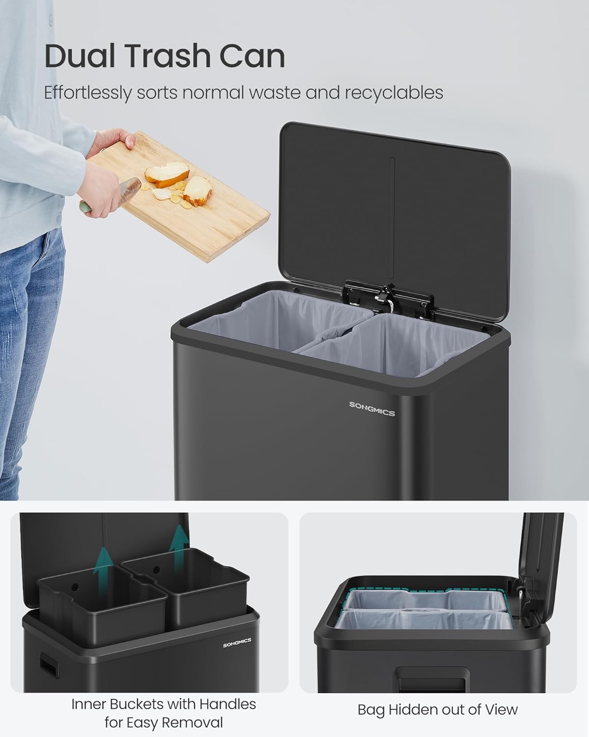 SONGMICS Trash Can, 2 x 8 Gallon (2 x 30 L) Double Garabge Can for Recycling and Waste, Stainless Steel, Soft-Close Lid, Inner Buckets, Wide Sturdy Pedal, Ink Black ULTB556B01