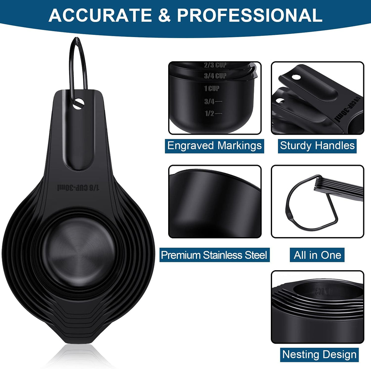 Wildone Black Measuring Cups & Spoons Set of 21 - Includes 7 Stainless Steel Nesting Measuring Cups, 8 Measuring Spoons