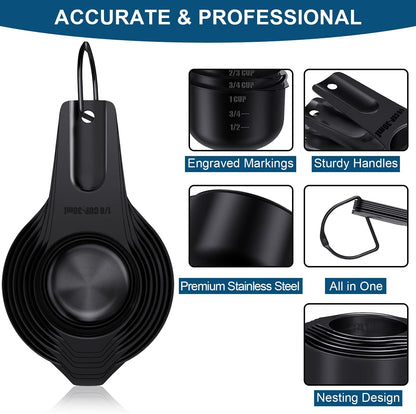 Wildone Black Measuring Cups & Spoons Set of 21 - Includes 7 Stainless Steel Nesting Measuring Cups, 8 Measuring Spoons