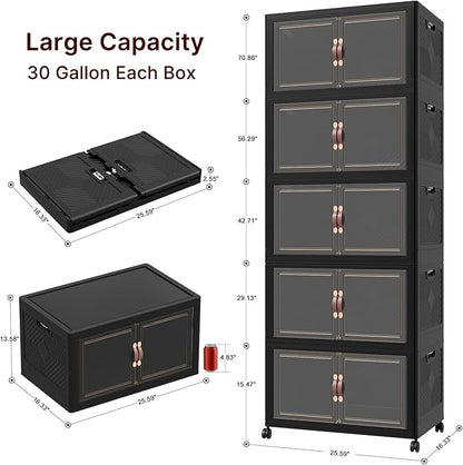 UAMFURI Stackable Storage Bins with Lids, 600QT Closet Organizers, Lockable Storage Cabinet, Foldable Storage Box with Doors and Wheels, Plastic Drawers for Home, Garage, Office (5, Black, Large)