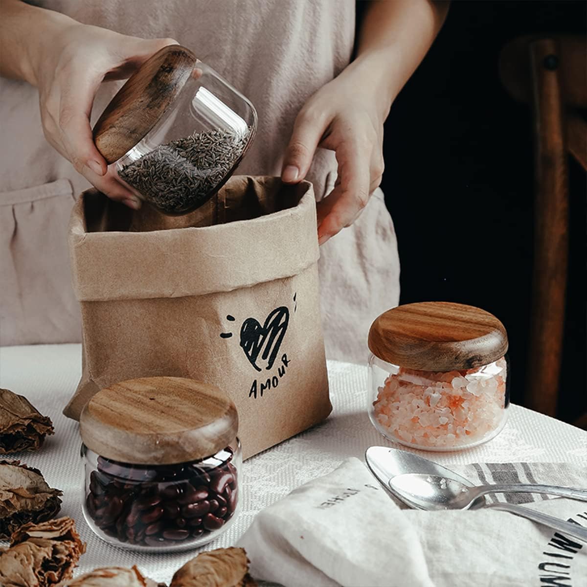 Glass Food Storage Containers With Wooden Lids - Small Coffee Jars - Pantry Organization For Overnight Oats, Cereal, Rice, Candy (10oz(300ml))