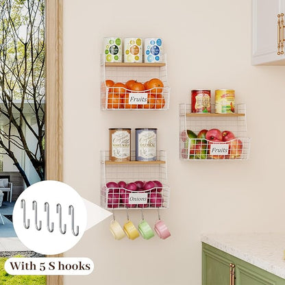 3 Pack Hanging Fruit Basket for Kitchen with Wood Lid - Onion and Potato Storage Fruit Bowl with Nameplate for Counter&Wall Mounted, Stackable Storage Basket,11.81 * 8.66 * 10.63inch
