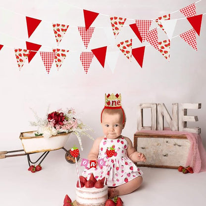 Zwiebeco 39Ft Red White Strawberry Fabric Bunting Banner Triangle Flags Party Decorations Hanging Cotton Garland Pennant for Engagement Wedding Baby Shower Birthday Home Outdoor Garden Party Decor