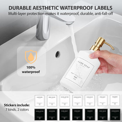 Gold Soap Dispenser Set, Glass Hand and Dish Soap Dispenser Set with Tray,Stainless Pump,14 Stickers for Kitchen,Bathroom Soap and Lotion Dispenser,Modern Counter Decor (White Bottle/Gold Pump)