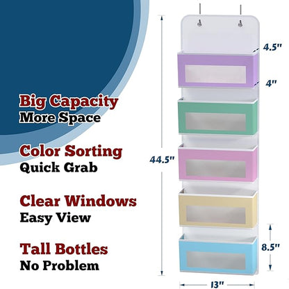 Simple Houseware 5 Clear Window Pocket Over Closet Door Storage Hanging Organizer for Bedroom, Bathroom, Pantry, Colorful