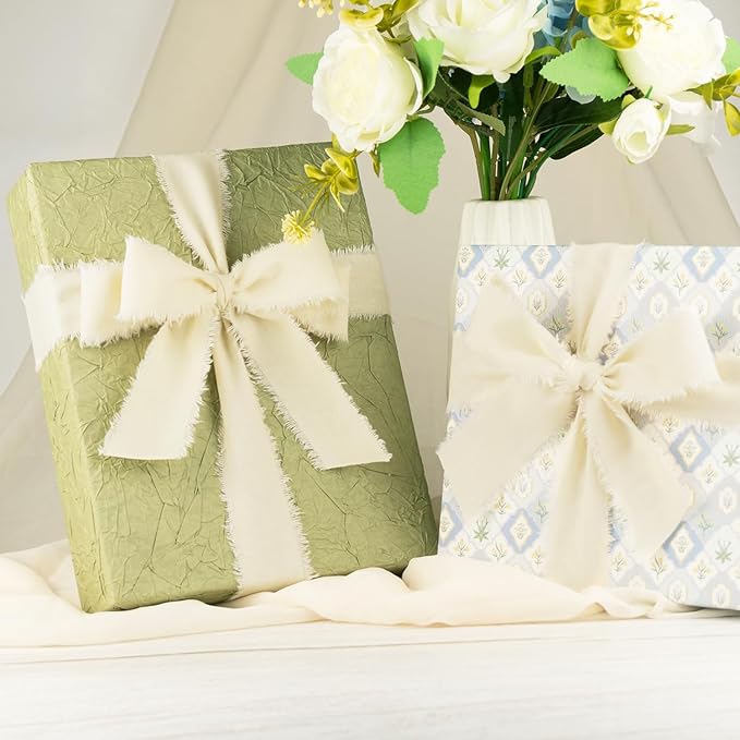 Ivory Cotton Ribbon 1-1/2 Inch Ivory 3 Rolls 21 Yards Frayed Edge Fabric Set for Wedding Invitations, Bridal Shower, Anniversary Celebration, Elegant Event Decor & Gift Wrapping