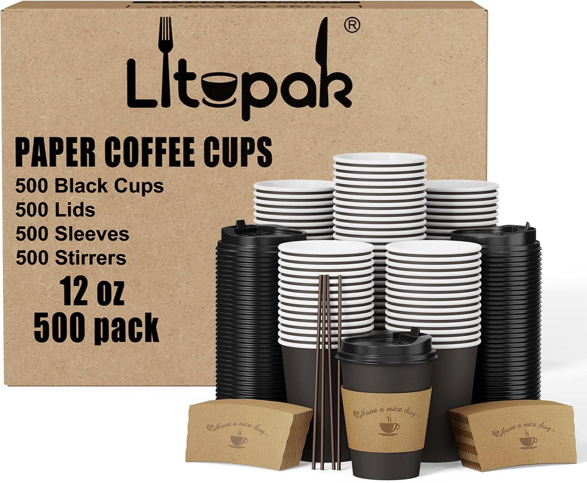 Litopak 500 Pack 12 oz Disposable Coffee Cup with Lids, Sleeves, and Stirring Sticks, Black To Go Paper Coffee Cups for Home, Travel, Office, Party