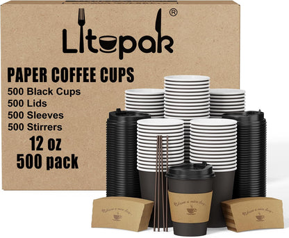 Litopak 500 Pack 12 oz Disposable Coffee Cup with Lids, Sleeves, and Stirring Sticks, Black To Go Paper Coffee Cups for Home, Travel, Office, Party