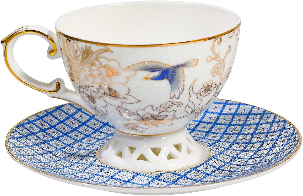 Acmlife Bone China Tea Cup and Saucer Set for 1, Vintage Floral Tea Cup with Saucer, Spoon and Gift Box, 6.8 oz (Blue B)