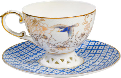 Acmlife Bone China Tea Cup and Saucer Set for 1, Vintage Floral Tea Cup with Saucer, Spoon and Gift Box, 6.8 oz (Blue B)