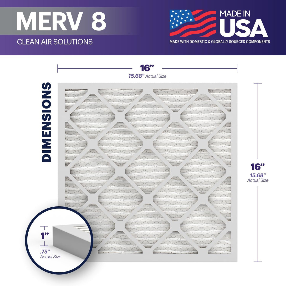 BNX TruFilter 16x16x1 Air Filter MERV 8 (6-Pack) - MADE IN USA – Dust & Pet Defense Air Conditioner HVAC AC Furnace Filters for Dust, Pet, Mold, Pollen MPR 600 – 700 & FPR 5