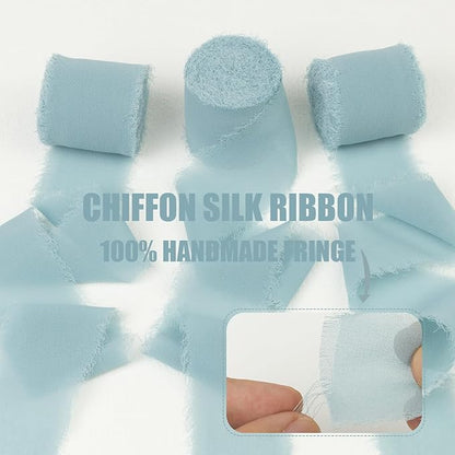Haze Blue Chiffon Ribbon - 1-1/2 Inch x 21 Yards Handmade Fringe Silk Ribbon for Gift Wrapping, Wedding Invitations, Bridal Flower Bouquets