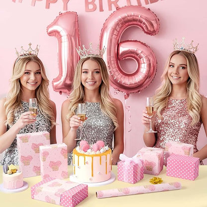 WERNNSAI Sweet 16 Birthday Wrapping Paper - 1 Roll 17”x 33ft Happy Birthday Wrapping Paper Pink Love Heart Gift Wrap for Girls Daughter Granddaughter Friends Sweet Sixteen Gifts Supply