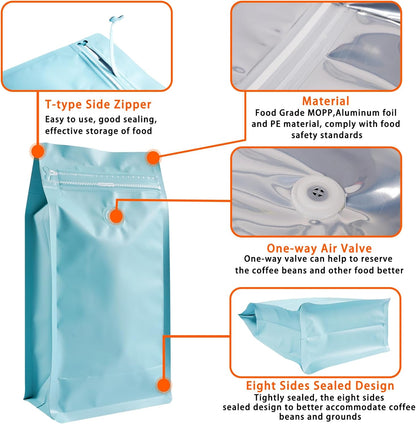 Coffee Bags with Valve (50 PCS,16oz/1lb) Blue High Barrier Aluminum Foil Flat Bottom Standing Coffee Beans Storage Packaging Bags