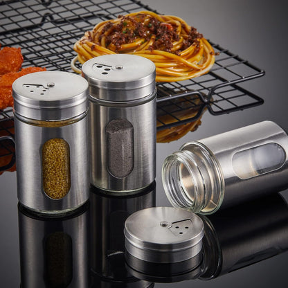 Dandat 12 Pcs Salt and Pepper Shakers Stainless Steel Spice Shakers with Adjustable Pour Holes and Glass Window 3.4oz Salt Dispenser Spice Jars with