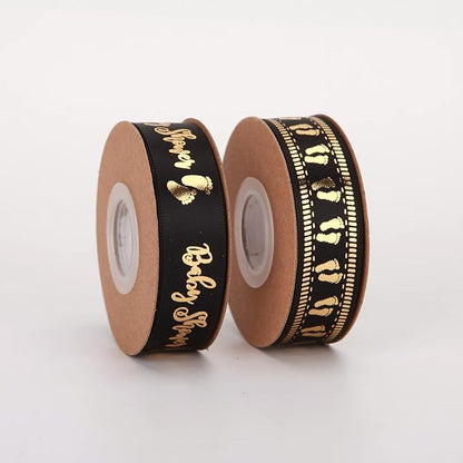 Meseey 20 Yards Baby Ribbon Foot Print Black and Gold Ribbons for Crafts Cake Baby Shower Birthday,Gift Wrapping, Party Decoration (Black)