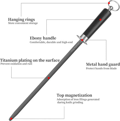 honing steel knife sharpener ，high carbon steel knife sharpener rod,12 Inch Knife Sharpening Steel Honing Rod（black）