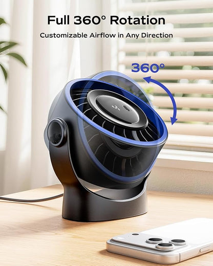 SWEETFULL USB Small Desk Fan - 5 Inch Mini Personal Desktop Fan, 4 Speeds Cooling Strong Airflow, 360° Adjustable Tilt, Quiet Portable Table Fans for Bedroom, Home, Office, Travel & Cruise, Black