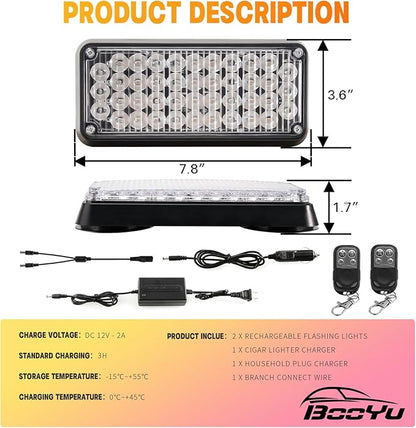 Red Magnetic Flashing Strobe Light/w Controller, Battery Operated Rechargeable LED Safety Lights, Mini Portable Emergency Warning Light Bar for Police Car, Fire Trucks Vehicles 2-Pcs