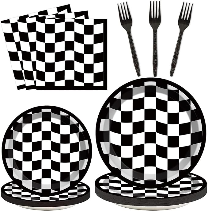 96PCS Race Car Birthday Party Decorations Black and White Checkered Plates Sports Themed Table Supplies Decorations Racing Dessert Plates Napkins Forks for 24 Guests Racing Car Birthday Party Favors