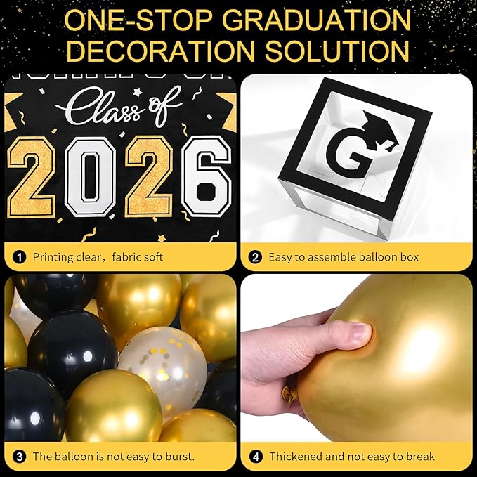 Picoway Graduation Decorations Class of 2026 ,Black and Gold Graduation Party Decorations include 4 Pcs Balloons Boxes with Letters, 110 Pcs Balloon Arch Kit and Banner backdrop for Party Favors Decor