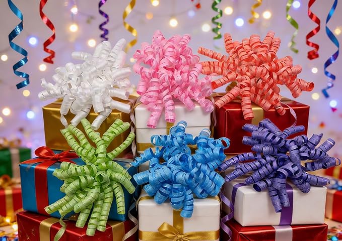 6pcs Self Adhesive Curly Bows for Gift Wrapping, Sparkling Ribbon Bows for Present Boxes, Birthday, Christmas, Wedding Decorations