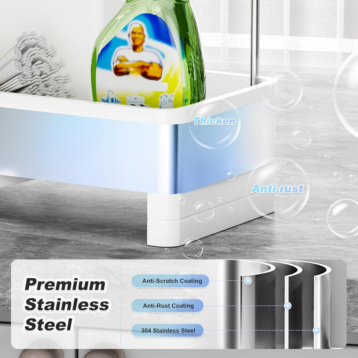 Stainless Steel Sink Caddy, Sponge Holder for Kitchen Sink with Brush Holder & Dishcloth Rack, Rustproof Sink Organizer Countertop, Kitchen Organizers Storage Essentials (E-White)