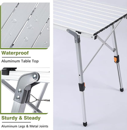 JOUYEK Folding Outdoor Camping Table with Adjustable Legs, Lightweight Aluminum Roll Up Camp Table with Carrying Bag, Mesh Storage Organizer, for Cooking, Picnic, Beach, Backyards, BBQ, Party