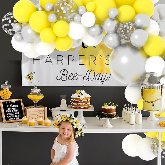 Yellow White Silver Balloon Garland Arch Kit, 122Pcs Yellow White Metallic Silver Latex Balloons for Baby Shower Wedding Birthday Graduation Anniversary Bachelorette Party