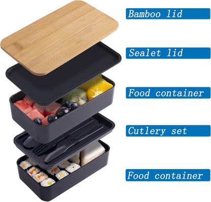 Japanese Bamboo Bento Box with Compartments and Utensils Stackable Lunch Box Includes Lunch Bag for Meal Prep Black