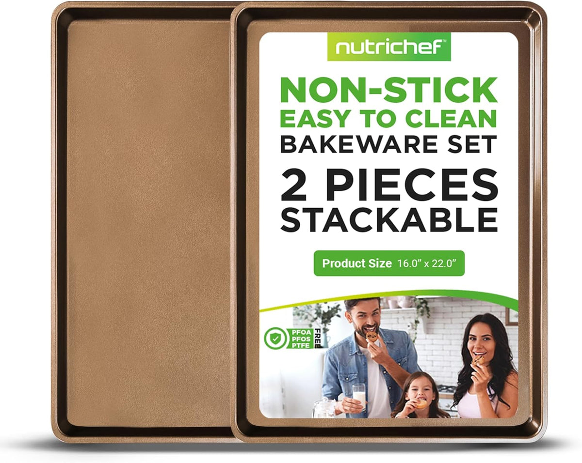 NutriChef 2-Piece Nonstick XL Cookie Sheets for Baking - 22" x 16" Extra Large Carbon Steel Oven Baking Trays - Non Stick Coating