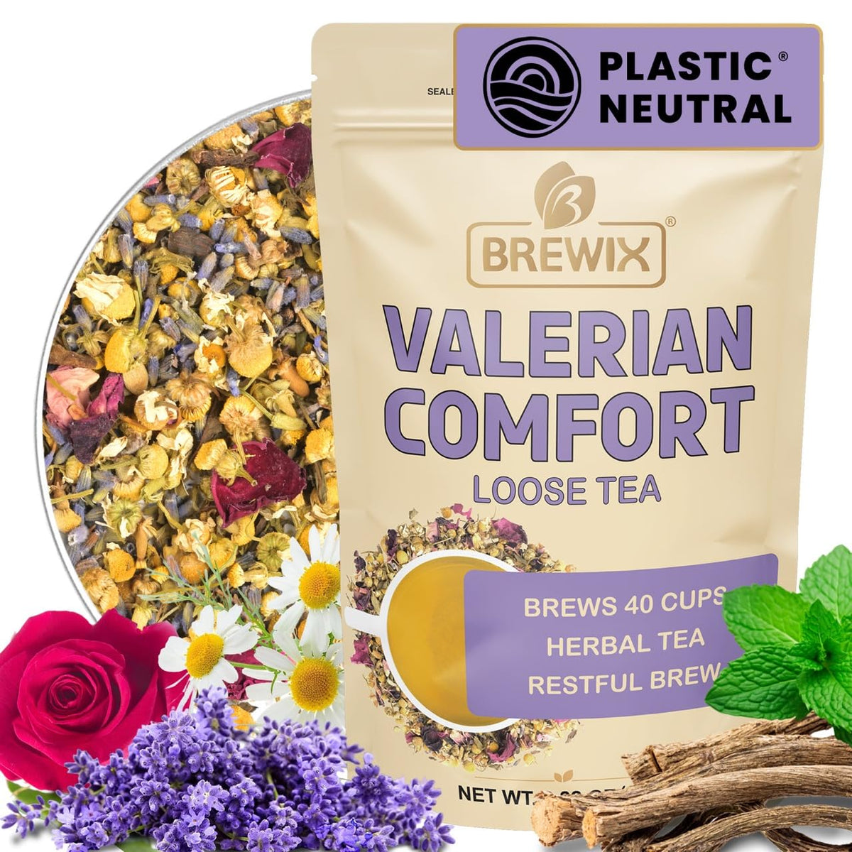 BREWIX, Valerian Comfort Tea for Sleep and Relaxation (40+ Cups, 2.82oz/80g) Caffeine-Free and Calming for Bedtime | Valerian Root, Chamomile & Lavender | Perfect Wellness Sleep