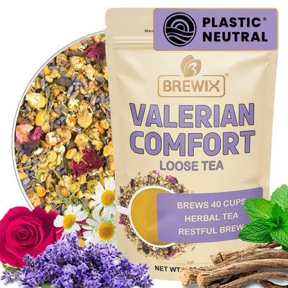 BREWIX, Valerian Comfort Tea for Sleep and Relaxation (40+ Cups, 2.82oz/80g) Caffeine-Free and Calming for Bedtime | Valerian Root, Chamomile & Lavender | Perfect Wellness Sleep