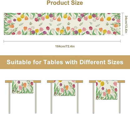 Tulips Spring Table Runner, Rustic Farmhouse Watercolor Botanical Colorful Tulips Olive Leaves Summer Garden Table Cover For Kitchen Dinning Table Indoor Outdoor Party Wedding Decor, 13x120inch