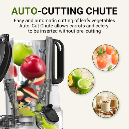 AMZCHEF Juicer Machines, 5.8" Extra Self-Feeding Cold Press Juicer for Whole Vegetable & Fruit, Juice Extractor Machine with Large Auger & Triple Strainers, Easy to Clean, High Juice Yield, Silver